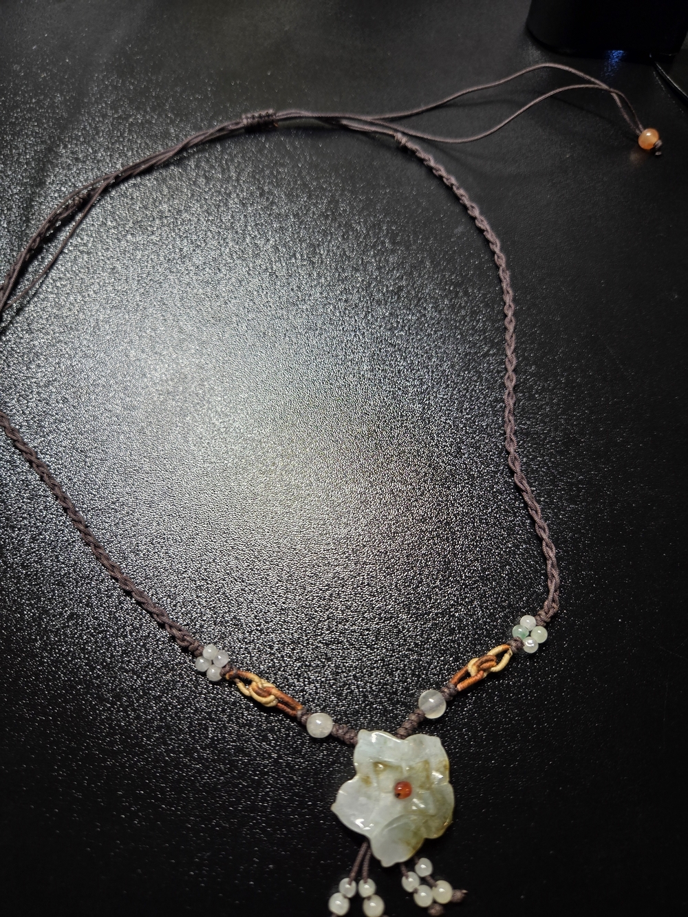 Handcrafted Light Green Floral Jade Necklace with Brown Cord